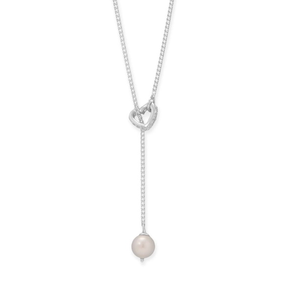 fiber bungalow Jewelry - New Sterling Silver Cultured Freshwater Pearl Crystal Heart Lariat Necklace
